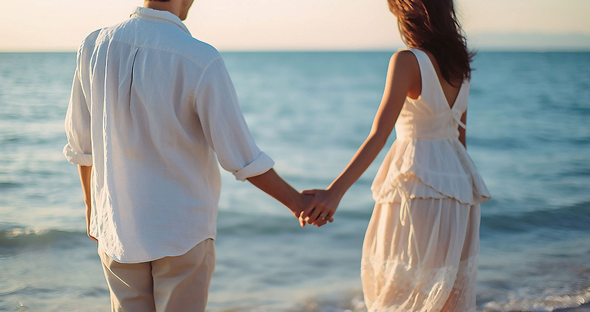 海辺でデートするカップル